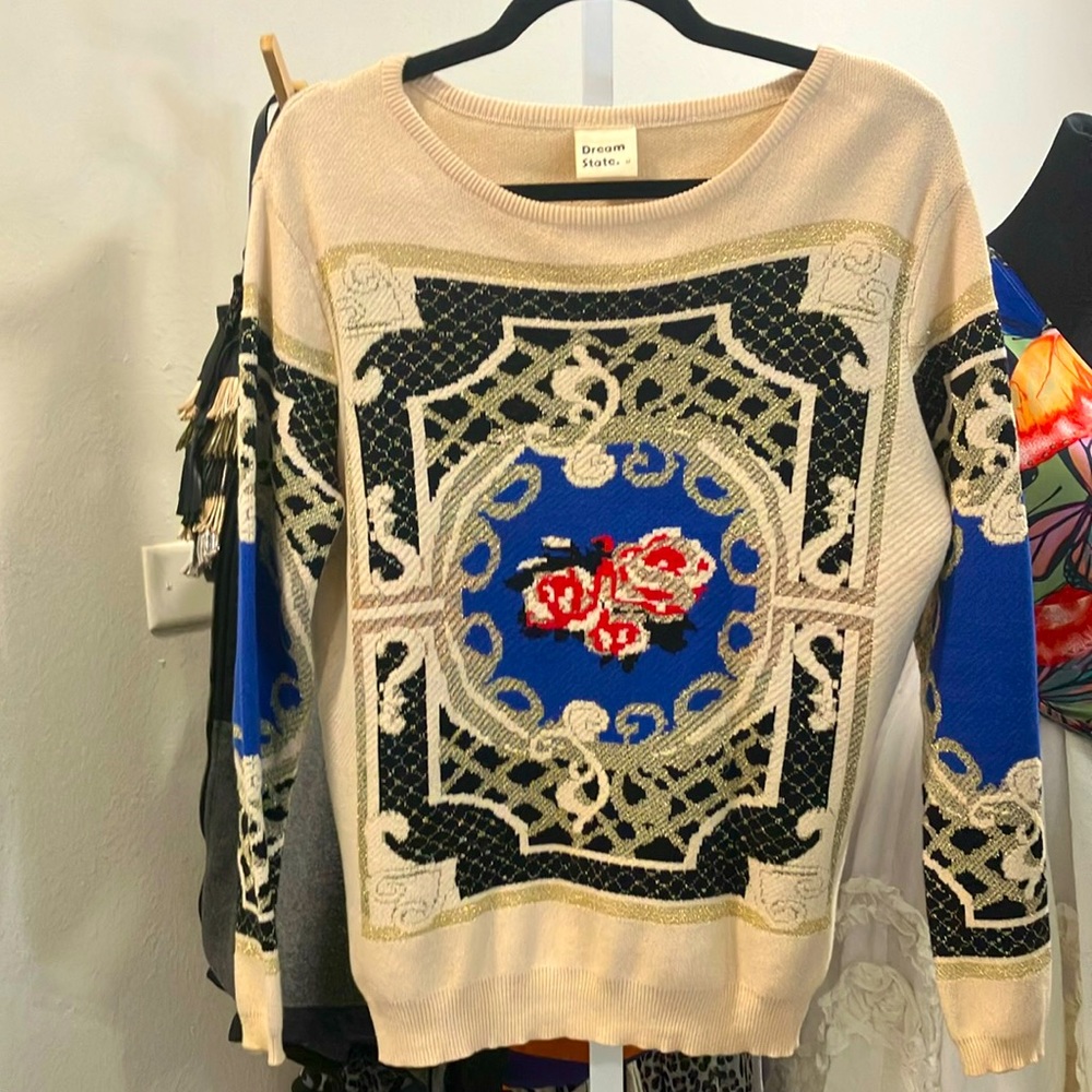 Dream State metallic retro flower baroque patterned sweater size M